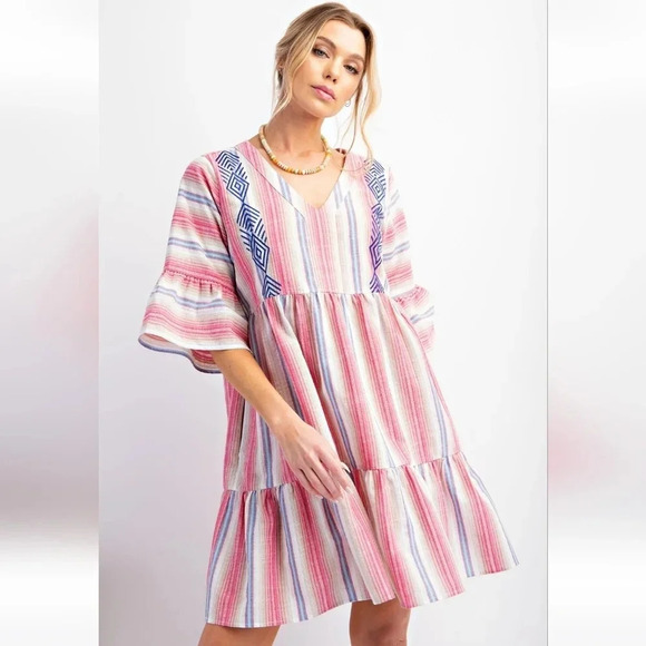 New Easel Pink Striped Poly Linen Ruffle Bottom Dress - Picture 5 of 5